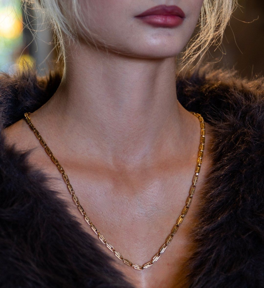 Fancy link necklace with long oval links worn on the neck above a fur collar, close-up