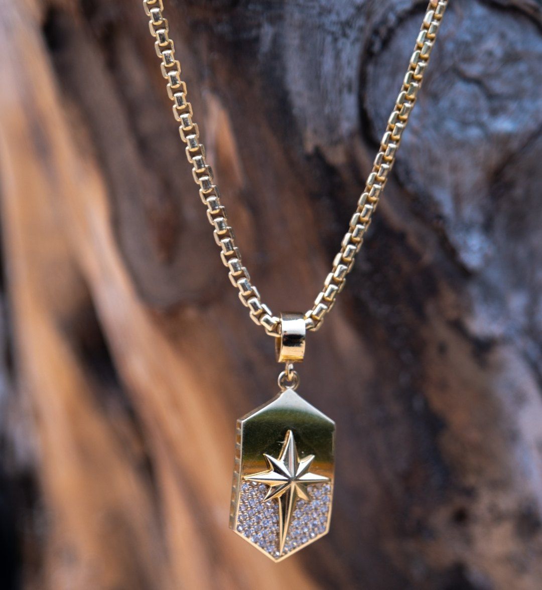 Star plate pendant with a hexagonal tag half set with white stones, hanging against tree bark