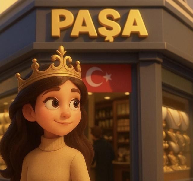 Paşa Kuyumculuk mascot, a girl wearing a crown, in front of the store